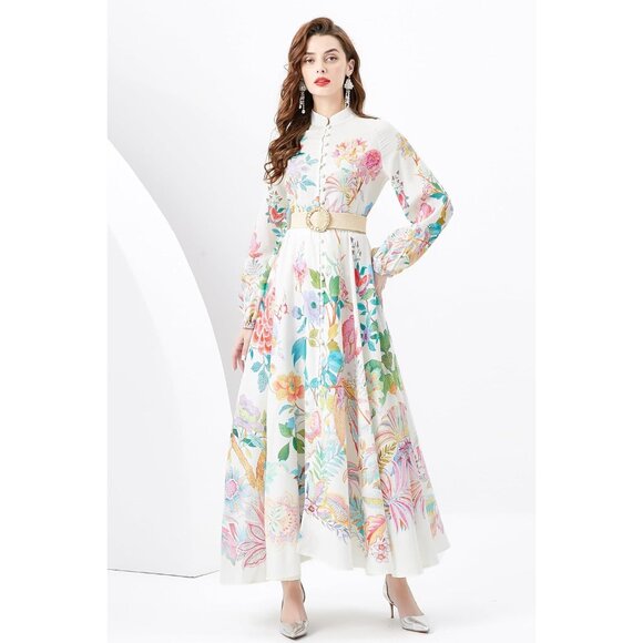 Women's Floral Maxi Dress Polyester Puff Sleeve Button Up Dress for Casual - Picture 4 of 6